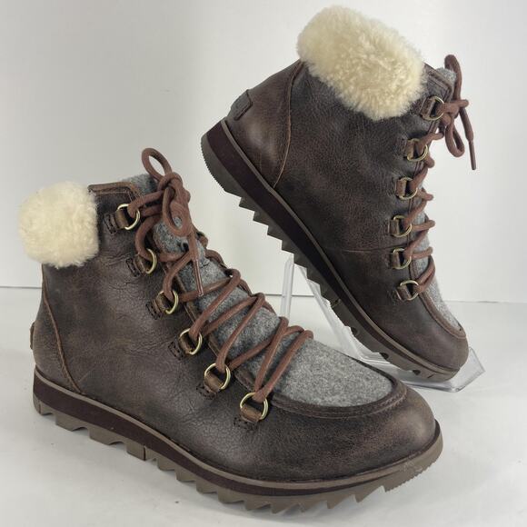 Sorel Boots Womens Size 8 Brown Gray Shearling Collar Lace Up Hiker NL3338-282 - Picture 1 of 12